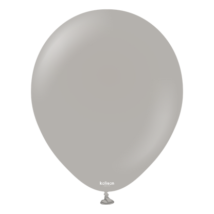 Standard grey latex balloon, 12-inch round shape, smooth surface, tied at the bottom.