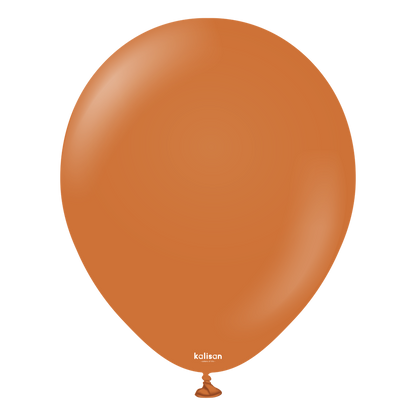 Caramel brown 12-inch latex balloon with smooth surface and rounded shape, tied at the bottom.