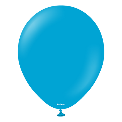 Bright Caribbean blue latex balloon, standard round shape, tied nozzle at bottom, smooth surface.