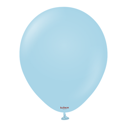Light blue round latex balloon, 12-inch size with a smooth surface and tied end.