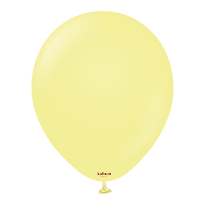 Glossy pale yellow latex balloon inflated, 12-inch round shape with neck tied at bottom.