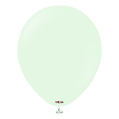 Pale green 12-inch round latex balloon with a smooth surface and tied end.
