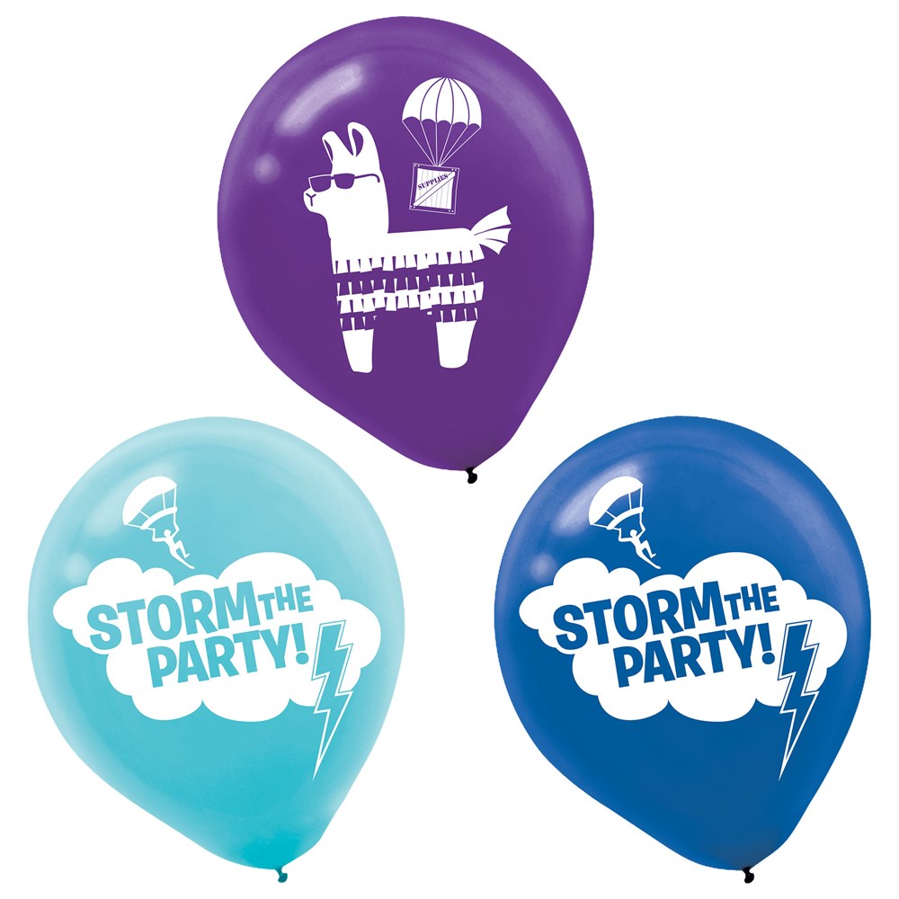 Purple balloon with llama illustration, light blue balloon with "Storm The Party!" text and parachute, dark blue balloon.
