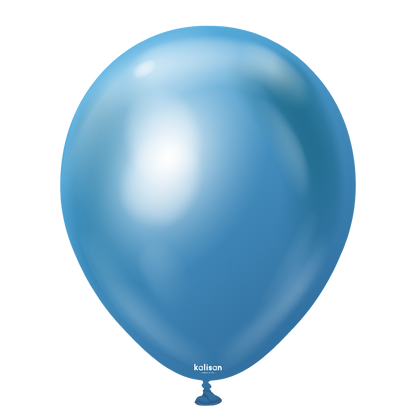 Blue 12-inch round latex balloon with a shiny mirror finish and small white logo near the base.