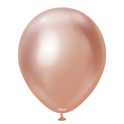 Shiny rose gold latex balloon with a smooth mirror-like surface and teardrop shape.