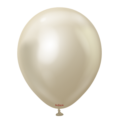 12-inch oval-shaped white gold latex balloon with a shiny mirror finish.