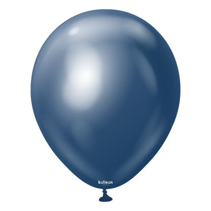 Shiny navy blue latex balloon with reflective mirrored finish, 12-inch round shape.