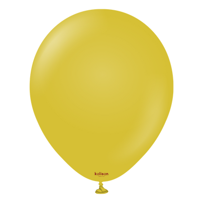 12-inch round mustard yellow latex balloon with a smooth surface and tied end.