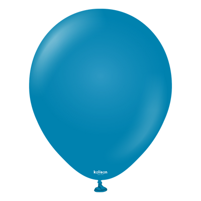 Deep blue 12-inch round latex balloon with glossy finish and knotted end.