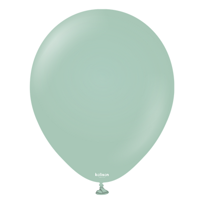 Matte retro winter green latex balloon inflated, 12 inch round shape.