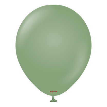 Matte eucalyptus green latex balloon, 12-inch round shape, tied end, smooth surface.
