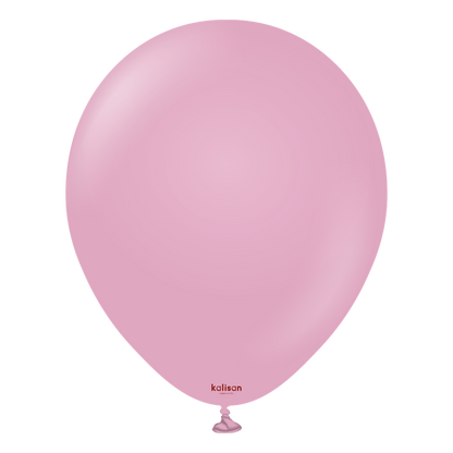 Dusty rose pink round latex balloon inflated, 12 inch size with glossy finish.