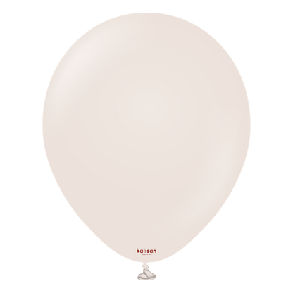 12-inch round white latex balloon with a small red Kalisan logo near the tied end.