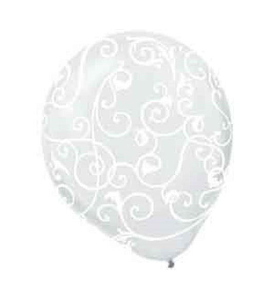 Clear White Scroll Print Latex Balloon 12 inch 6ct