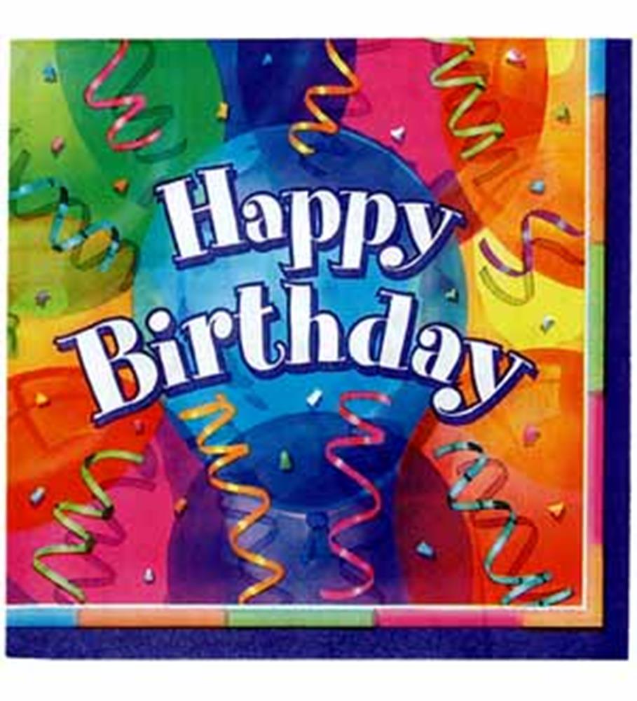 Square paper napkin with vibrant rainbow background, multicolored streamers, and bold white "Happy Birthday" text outlined.