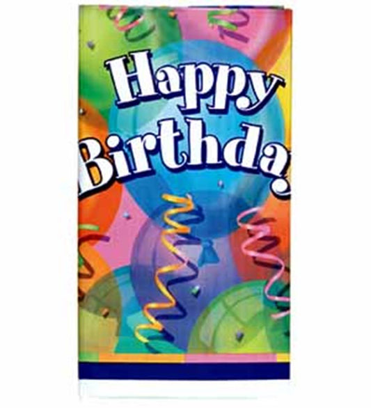Bright multicolored birthday tablecover with balloons, confetti, and "Happy Birthday" text in bold white letters.