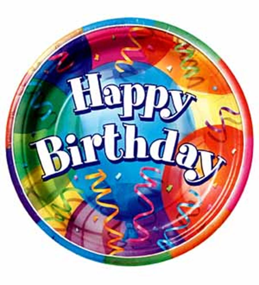 Round paper plate with a colorful rainbow background, confetti streamers, and "Happy Birthday" in bold white letters.
