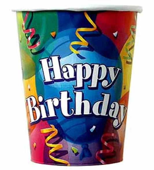 Colorful paper cup with "Happy Birthday" text and festive confetti and streamers design, 9oz size.