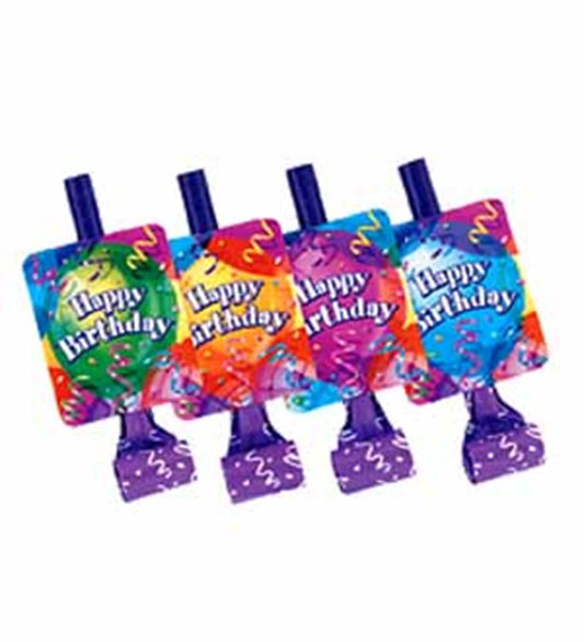 Colorful birthday blowouts with shiny purple plastic mouthpieces, each featuring a vibrant "Happy Birthday" design with.