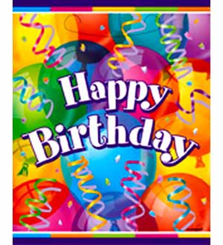 Colorful birthday loot bag with vibrant balloons, confetti, and "Happy Birthday" text in bold white letters.
