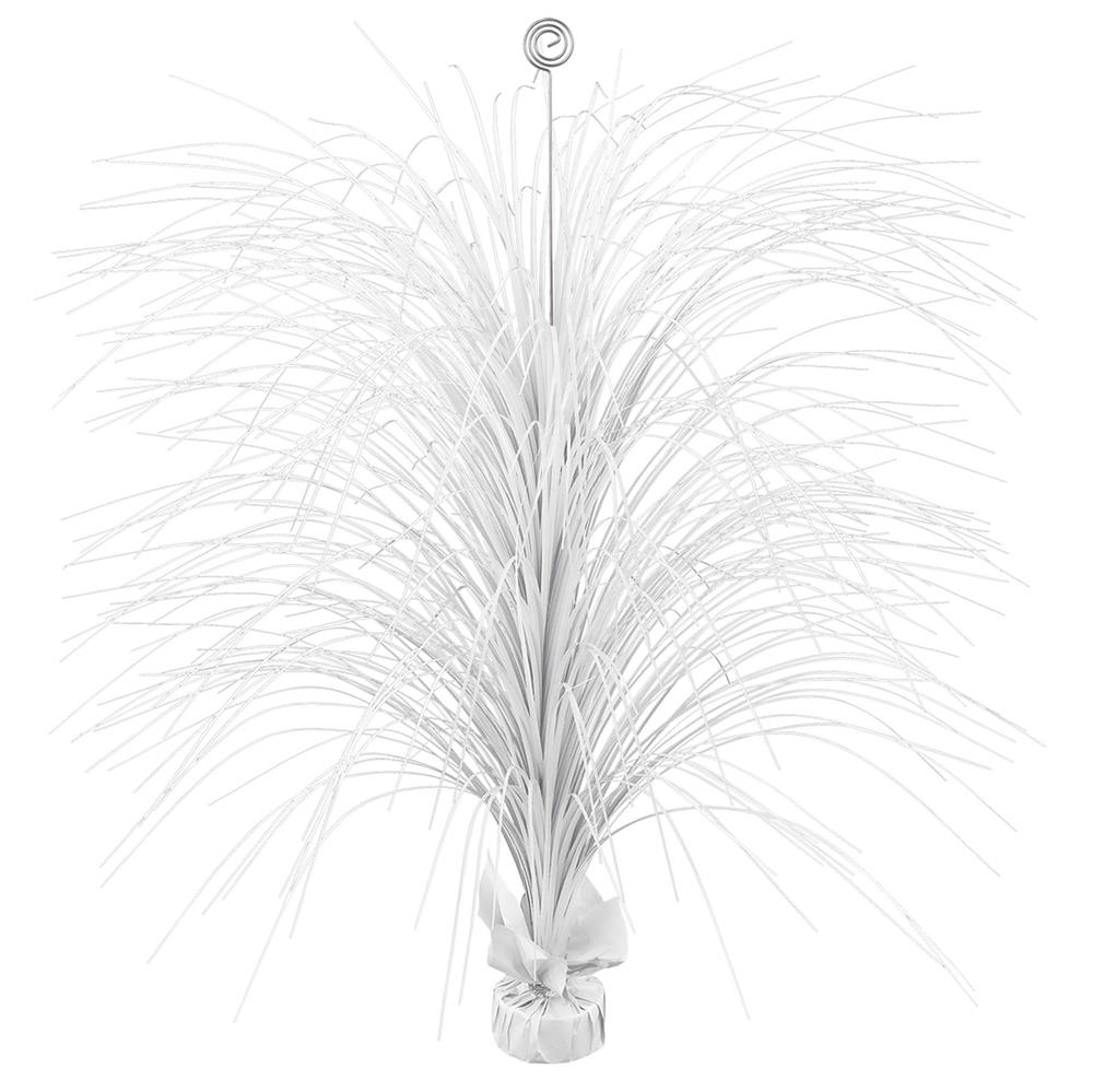 Large frosty white foil spray centerpiece with thin, shimmering strands and a round metallic top.