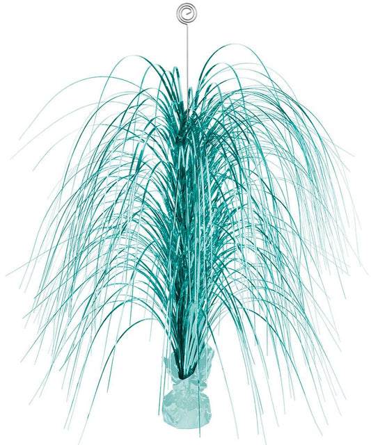 Robins egg blue spray centerpiece with thin, wispy strands in clear base.