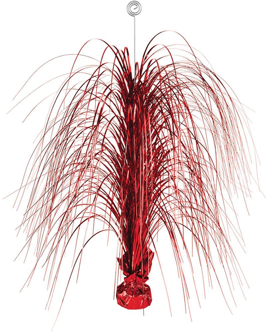 Large red foil spray centerpiece with cascading metallic strands and weighted base.