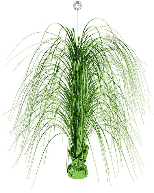 Tall spray centerpiece with long, thin green grass-like leaves in a kiwi green base wrap.