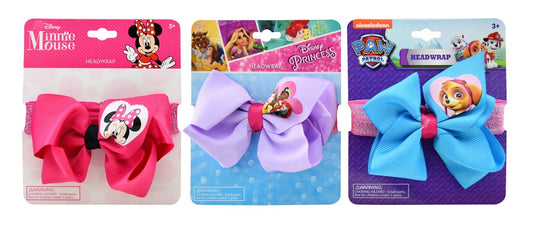 Assorted Licensed Elastic Headwrap With Bow On Card Minnie Paw Patrol Princess 4x.50x4.75