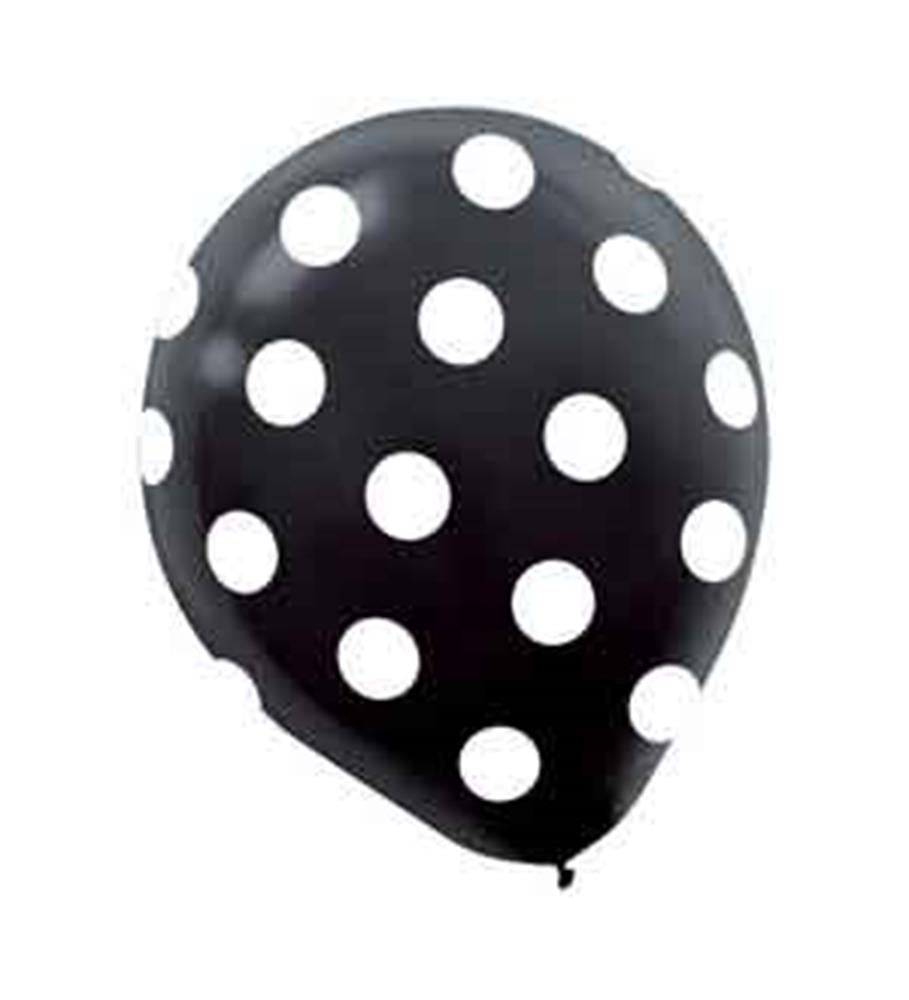 Black balloon with evenly spaced large white polka dots.