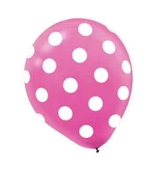 Bright pink latex balloon with large white polka dots.