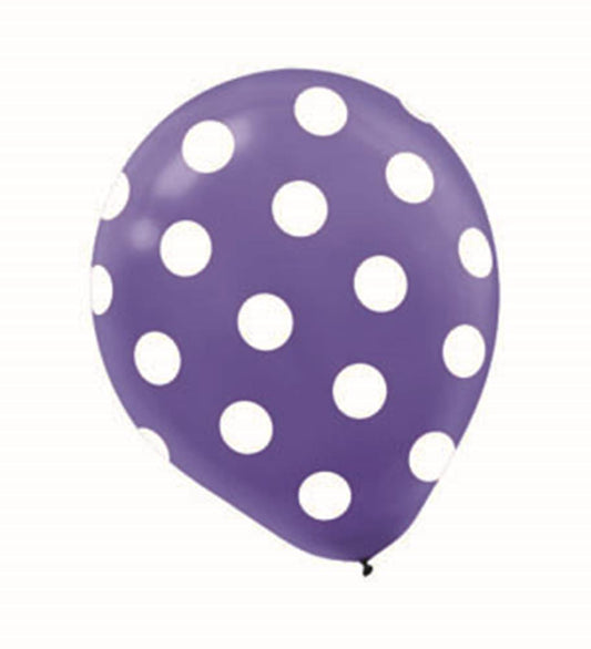 Purple latex balloon with evenly spaced large white polka dots.