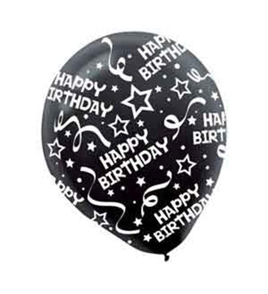 Happy Birthday Confetti Print Latex Balloon Black 12 inch 6ct