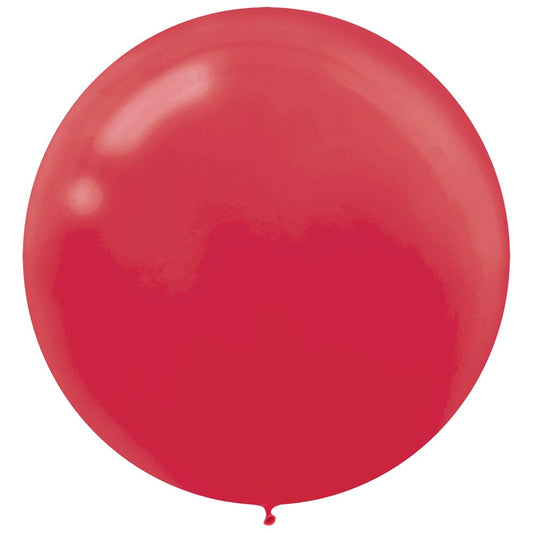Round apple red latex balloon inflated, smooth surface, 24-inch diameter.