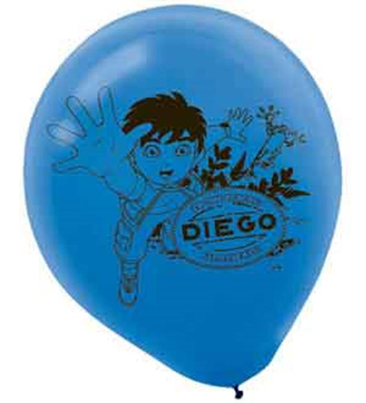 Blue 12-inch latex balloon with black print of a cartoon boy reaching out and "Diego" text logo.