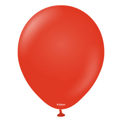 Bright red round latex balloon with small white Kalisan logo near the tied end.