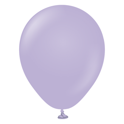 Light purple 18-inch round latex balloon with glossy finish and tied end.