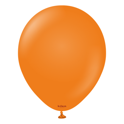 Bright orange round latex balloon inflated and tied at the bottom with small Kalisan logo near the knot.