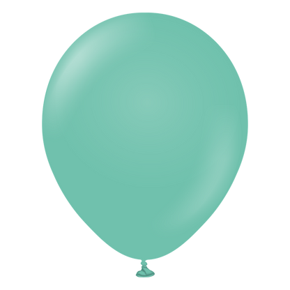 Sea green latex balloon with a rounded, slightly oval shape and tied end.