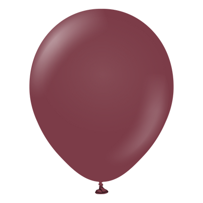 Deep burgundy round latex balloon, 18 inches, smooth surface with subtle shine, inflated and tied at the bottom.