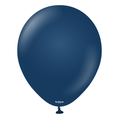 Navy blue 18-inch latex balloon with small white Kalisan logo near the tied end.