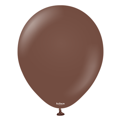 18 inch round chocolate brown latex balloon with a small knotted tail.