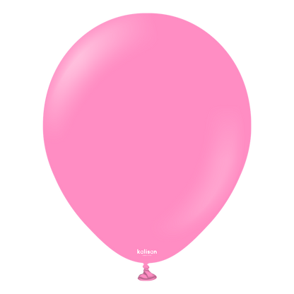 Pink latex balloon shaped oval with a tied bottom knot, smooth surface, and slight shine.