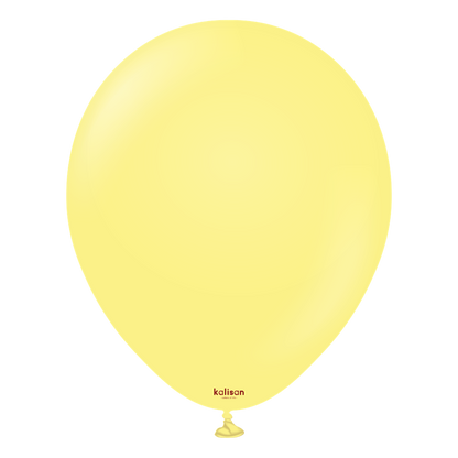 Yellow 18-inch round latex balloon with subtle sheen and knotted end.
