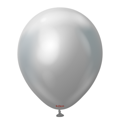 Silver metallic helium balloon with a smooth, shiny surface and teardrop shape.