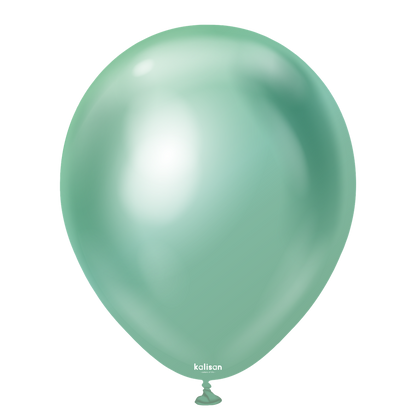 Shiny 18-inch green latex balloon with reflective mirror-like surface.