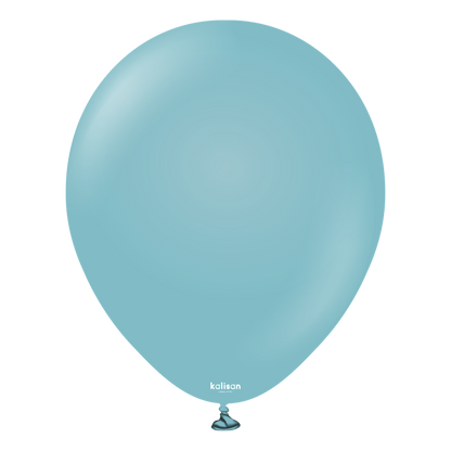 Light blue round latex balloon with a tied knot at the bottom, smooth surface, 18 inches.
