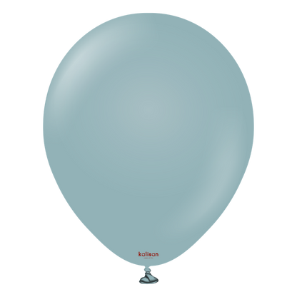 Light blue round latex balloon with a smooth surface and a tied neck at the bottom.