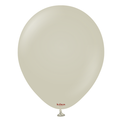 18-inch round beige latex balloon with small red Kalisan logo near the bottom knot.