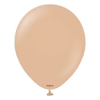 18-inch round latex balloon in a soft desert sand beige color, smooth finish, uninflated with small red brand text near knot.